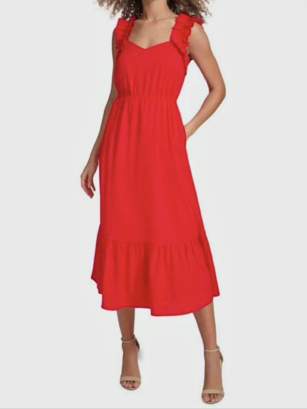 kensie Ruffle Strap Midi Dress in Red Size 8 Like New
